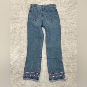 Vintage Embroidered Hem Jeans Y2K Boho Floral Detail Straight Leg Denim